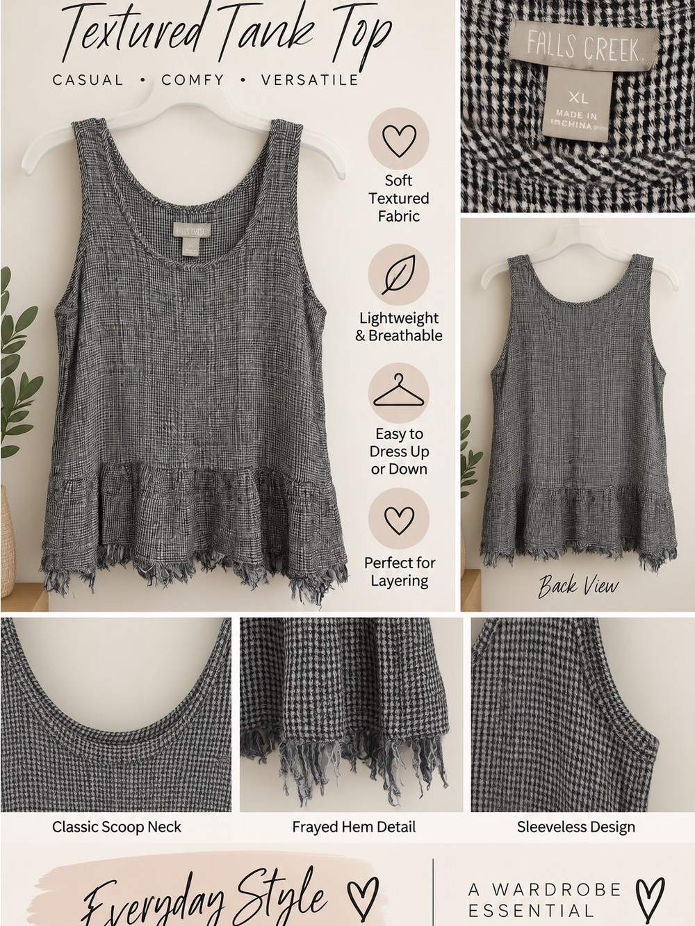 Falls Creek Gray Textured Frayed-Hem Tank Top